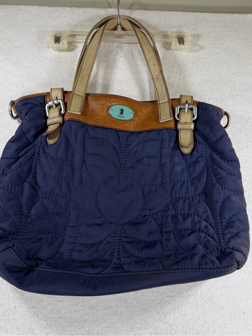 Fossil Key-Per Women’s Navy Tote Bag Purse Leather Cream Straps Quilted Fabric